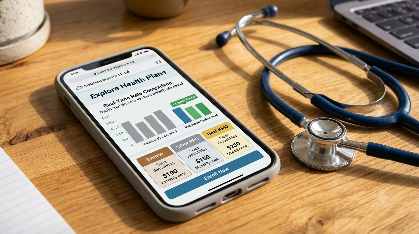InsuranceQuote.cloud website on smartphone comparing Bronze Silver Gold health insurance rates