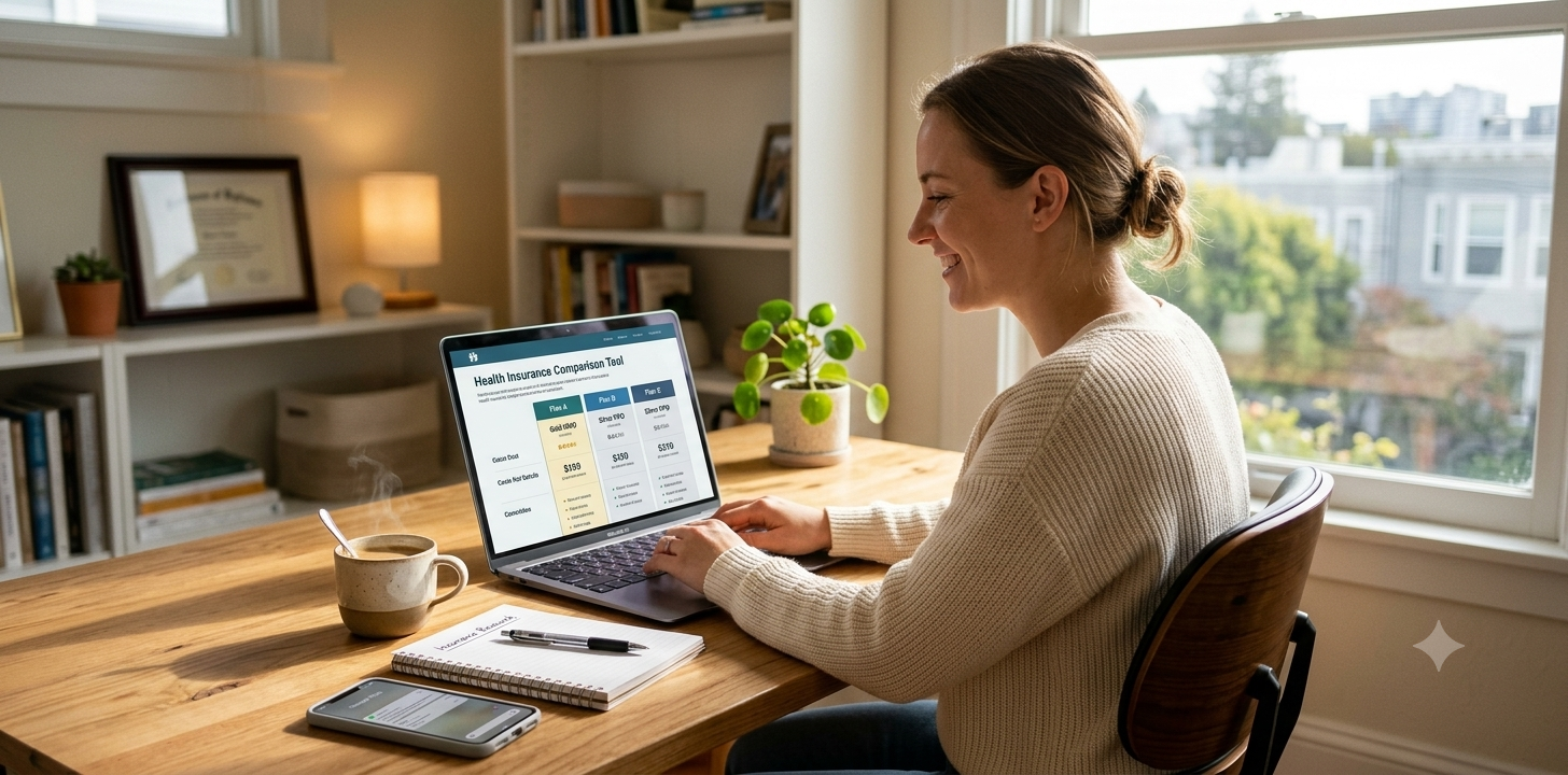 Young professional comparing health insurance plans on laptop at home office