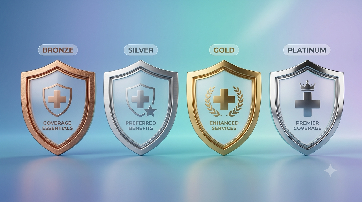 The four ACA metallic plan tiers—Bronze, Silver, Gold, and Platinum—offer different splits between monthly premiums and out-of-pocket medical costs.